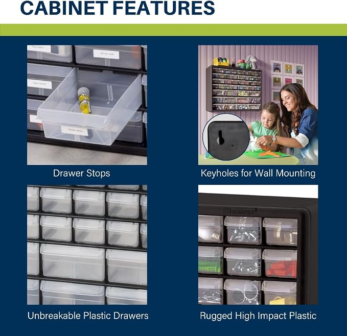 Akro-Mils 44-Drawer Plastic Drawer Storage Cabinet for Garage Organization, Bead Organizer, Building Bricks Storage, Teacher Toolbox, Makeup Organizer, 20" W x 6" D x 16" H, 10144 Black (Pack of 2) - Image 4