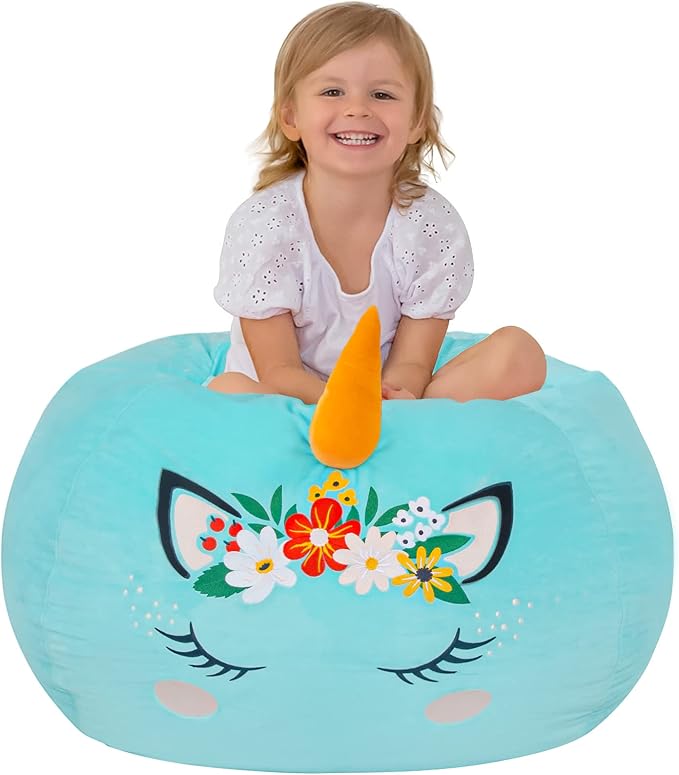 Aubliss Bean Bag Cover for Stuffed Animal Storage - Unicorn Bean Bag | Velvet Cover (No Beans) - Large Stuff 'n Sit Organization for Kids Toy Storage (Large, Cyan) by Aubliss