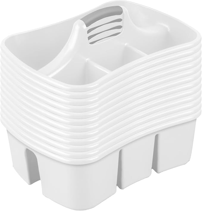 Sterilite Divided Ultra Caddy, Plastic, Portable Storage to Hold Bathroom and Cleaning Supplies, 5 Large Compartments and Handle, White, 12-Pack by Sterilite