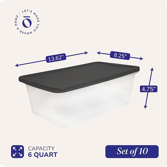 HOMZ 10-Pack Snaplock, Small Clear Plastic Storage Organizer Bins w/Lids, 6 Quart, Gray - Stackable Container Boxes for Bedroom, Bathroom, Garage, and Office Organization - Image 4