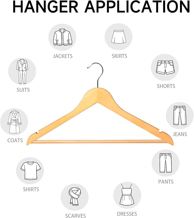 Wooden Clothes Hangers with Pants Bars, Natural Wood, 12-Pack | Heavy Duty Solid Wood Suit & Coat Hangers with Swivel Hook & Shoulder Notches, for Shirts, Jackets, Dresses & Trousers - Image 5