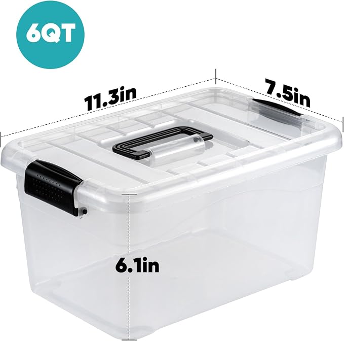 Nazhura Plastic Storage Bin, Stackable and Nestable Storage Boxes with White Lids and Secure Latching Buckles, Large Storage Container (CLEAR, 6QT 12PACK) - Image 2