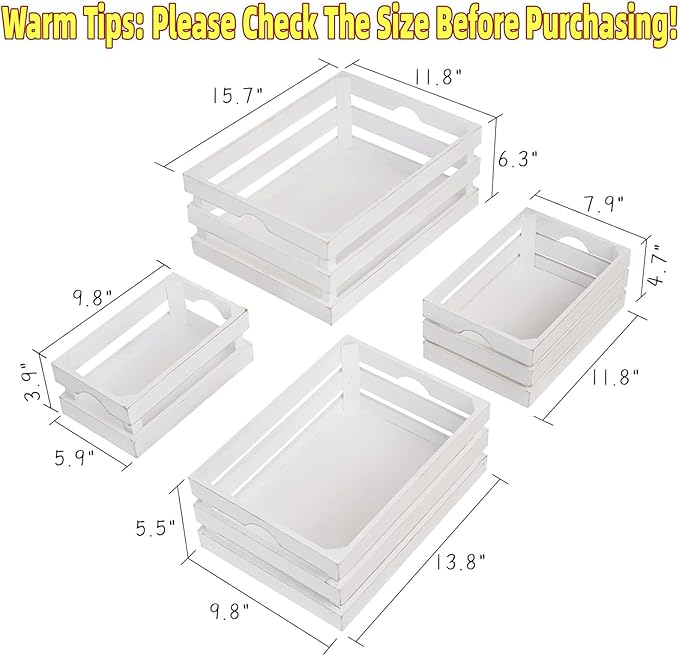 Large Wooden Crates Set of 4 Decorative Storage Box with Handles, Rustic Whitewashed Farmhouse Wooden Crates for Display, Living Room Container Baskets Box for Kitchen, Pantry, Bedroom - Image 2