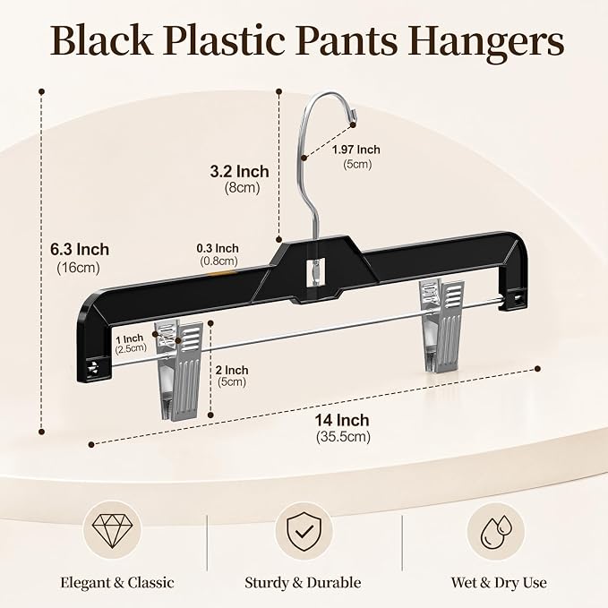 14" Black Pants Hangers with Clips 12 Pack, Plastic Skirts Hangers | Slim Space Saving, Adjustable Clips Hangers with 360° Swivel Hook & Non-Slip Pad for Adults and Kids, Pants, Shirt, Jeans - Image 2