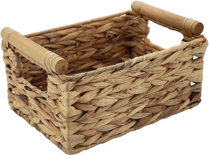 Natural Woven Water Hyacinth Storage Basket with Wood Handles, Large | Rectangular wicker‑style bin, decorative accent, for shelves, bathroom, pantry, closet organization, countertop use - Image 3