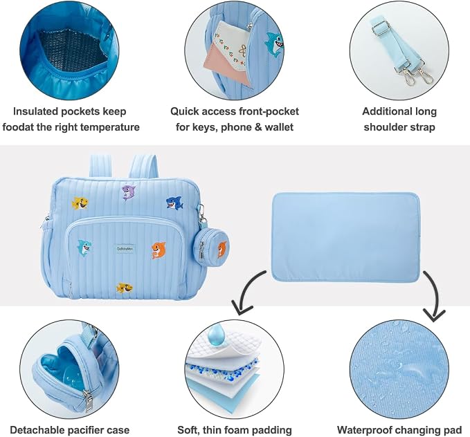 Diaper Bag Backpack with Changing Pad - Travel Baby Bag, Insulated Bottle Pockets, Stroller Straps (Medium - Blue Sharks) - Image 8