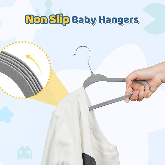 Premium 11 Inch Baby Hangers 50 Pack, Kids Velvet Hanger, Non Slip | Grey Space Saving Felt Hangers Clothes Organizers for Closet with 360° Swivel Hook for Children, Infant & Toddler - Image 2