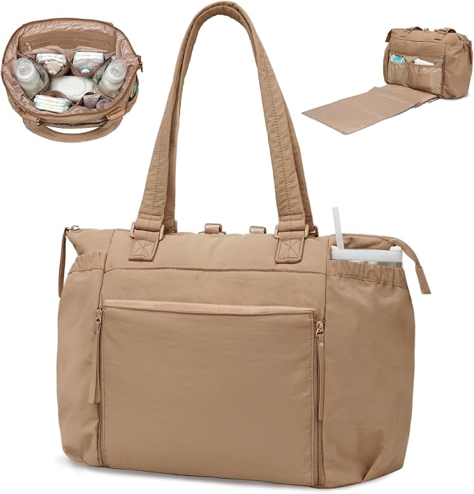 MOMINSIDE Diaper Bag Tote with Changing Station Convertible Diaper Bag Backpack Tote pañaleras para bebe Large Baby Bag, Hospital Bag Mommy Bag Travel Diaper Bag for Mom, 16 Pockets, Light Brown by MOMINSIDE