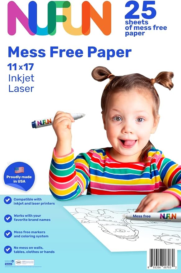 NuFun Activities Mess Free Paper 11x17 25 Blank Pages | Mess-Free Coloring Formula, No Mess on Skin/Clothes, Gift for Kids by NufunActivitesDesignPrintIronEnjoy
