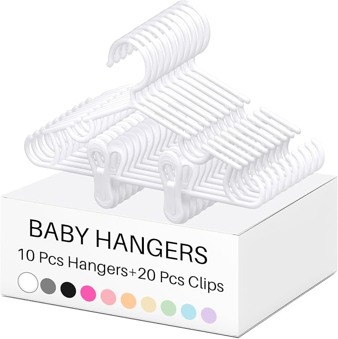 Hsei Baby Hanger with Clip for Pant,30 Packs Total,White,10.6 Inch | 10 Kids Plastic Hanger with 20 Clips for Newborn, Nursery, Daycare, Preschool, Closet, Wardrobe Organizer for Baby Shower by Hsei