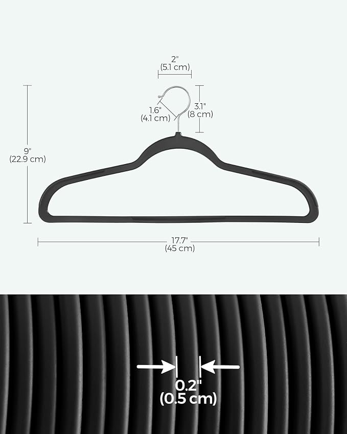 SONGMICS Plastic Clothes Hangers, Pack of 50, Non-Slip, Space-Saving | 0.2 Inches Thick, 17.7 Inches Wide, 360° Swivel Hook, Black, BREANNA Collection UCRP50B - Image 6