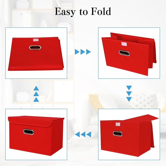 STOREONE Fabric Storage Cube Bins Foldable Organizer Container Collapsible Basket with Lids and Metal Handles, for Home, Bedroom, Closet 6 Pcs (Red) - Image 6