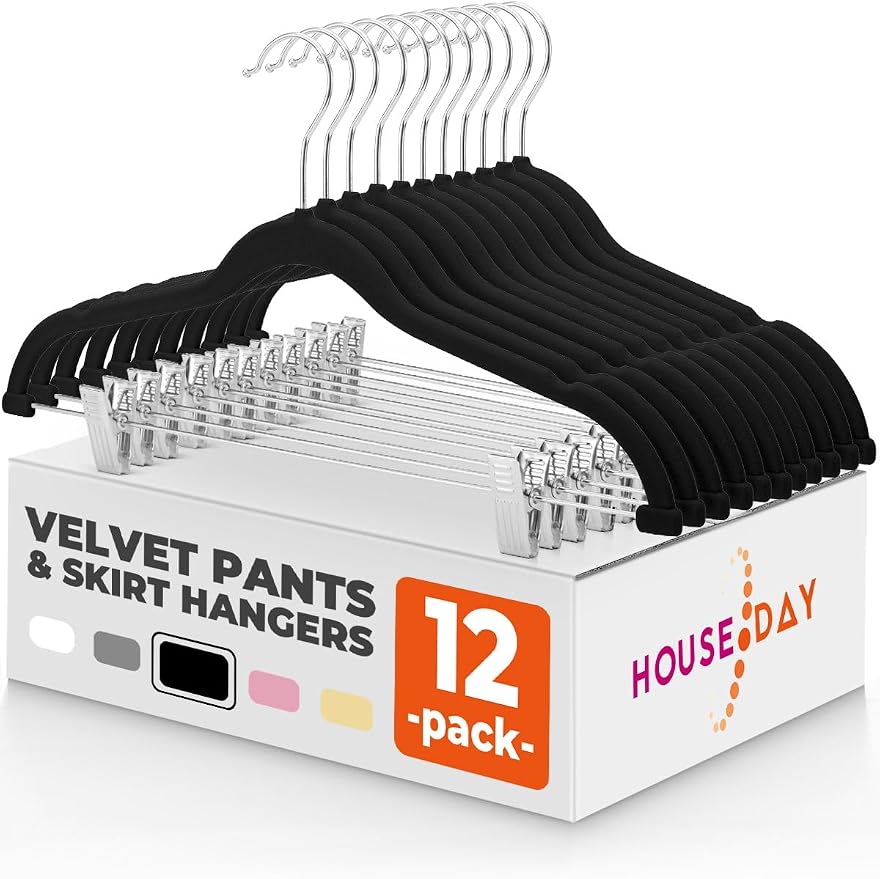HOUSE DAY Velvet Skirt Hangers 12 Pack, Black Velvet Pant Hangers with Adjustable Clips, Space Saving Slim Shorts Hanger, Heavy Duty Non Slip Clip Hanger for Pants, Skirts, Shorts | with Adjustable Clips, Space Saving Slim Shorts Hanger, Heavy Duty Non... by HOUSEDAY