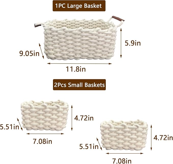 3 Pack Small Cotton Rope Basket with Handles Woven Storage Basket Rectangle Stackable Nursery Storage Baskets Decorative Shelf Basket Organizer Gift Baskets for Toys Small Items(White) - Image 2
