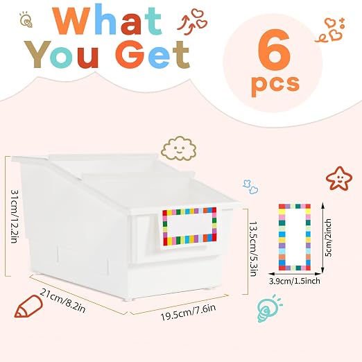 6 Pack Picture Book Bins with Dividers Plastic Book Holders with Labels Stackable Classroom Organization Bins Magazine File Binder Holder Storage Container for Classroom Library Home Office(White) - Image 2