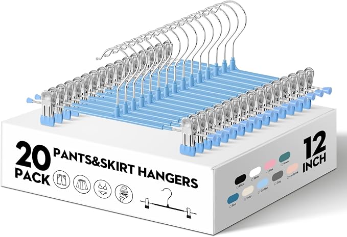 Pants Skirt Hangers with Clips, 20 Pack, Sky Blue, 12 Inch | Non-Slip,Adjustable metal wide clips,Space-Saving,Heavy duty, for pants/skirt/dress/trousers/jeans/shorts/leggings,Women - Image 4