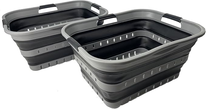 SAMMART 42 (11 Gallons) Collapsible Plastic Laundry Basket, Foldable Pop Up Storage Container/Organizer, Space Saving Hamper, Portable Bin for Dorm Room Bathroom (2, Grey/Black) by SAMMART