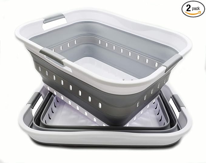 SAMMART 42L (11 gallon) Collapsible Plastic Laundry Basket - Foldable Pop Up Storage Container/Organizer - Portable Basket - Space Saving Hamper/Basket (2, White/Grey) by SAMMART