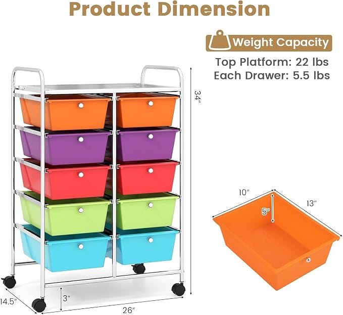 10 Drawer Rolling Cart, Storage Cart Organizer on Wheels, Drawer Cart with Metal Frame & Large Storage Capacity, Rolling Cart with Drawers for Living Room Classroom, Office - Image 3