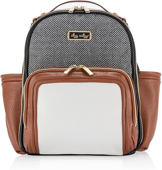 Itzy Ritzy Mini Diaper Bag Backpack 10 Pockets Changing Pad, Coffee & Cream | Chic Mini Plus Diaper Bag with 2 Insulated Bottle Pockets, Key Lanyard, Wipeable Changing Pad, Grab-Top Handle & Rubber Feet by Unknown