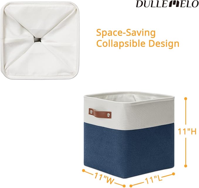 DULLEMELO [Set of 4 Storage Cubes Baskets for Organizing, 11 x 11 x 11 inch Cube Storage Organizer Bins with Leather Handles, Foldable Fabric Cloth Bins for Cube Storage(4 Pack - 11" White&Blue) - Image 2