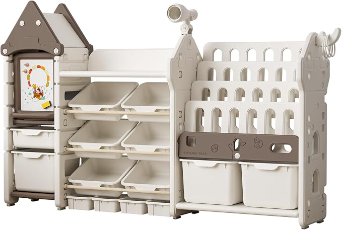 Kids Toy Storage Organizer with Bookshelf, 14-Bin Playroom Organizer and Bookcase, HDPE Toddler Storage Shelf with Drawing Board, for Nursery, Bedroom and Playroom (Brown) - Image 3
