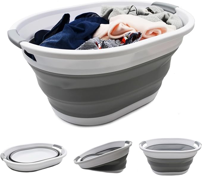 SAMMART 32L (8.4 gallon) Collapsible Plastic Laundry Basket - Foldable Pop Up Storage Container/Organizer - Portable Washing Tub - Space Saving Hamper/Basket, Water Capacity: 24L (1, White/Grey) by SAMMART