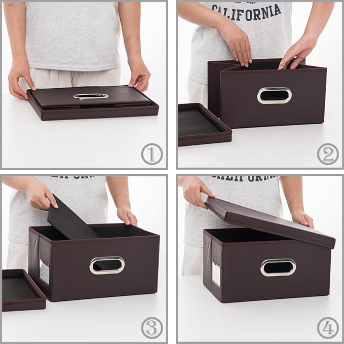 Collapsible Storage Box with Lid [1-Pack] Leather Fabric Foldable Storage Bin Organizer Container Basket Cube with Cover for Home Bedroom Closet Office Nursery Brown (13.6x9.6x6.9) - Image 5