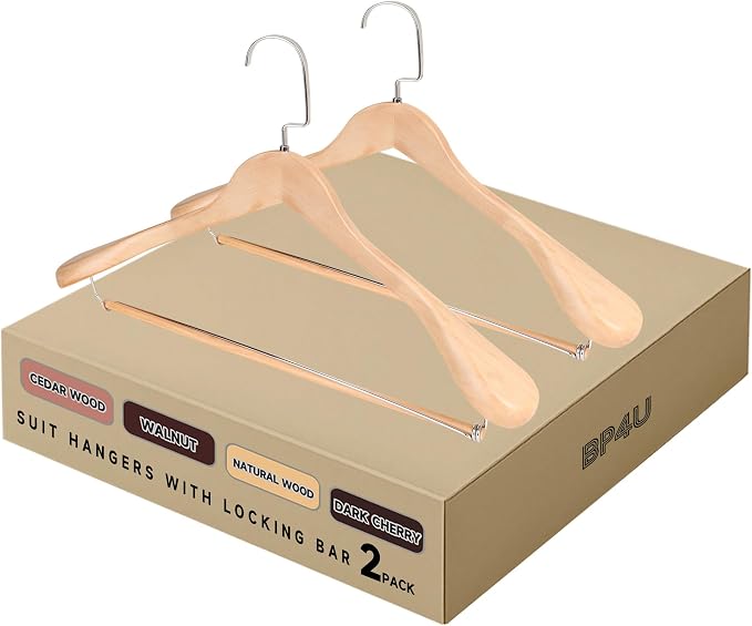 Wide Shoulder Wooden Hangers with Locking Bar, Natural Wood, 2-Pack | Non-Slip Suit Hangers with Flat-Head Hook for Suits, Jackets, Coats, Shirts, Outerwear and Heavy Clothes by BP4U%E2%84%A2