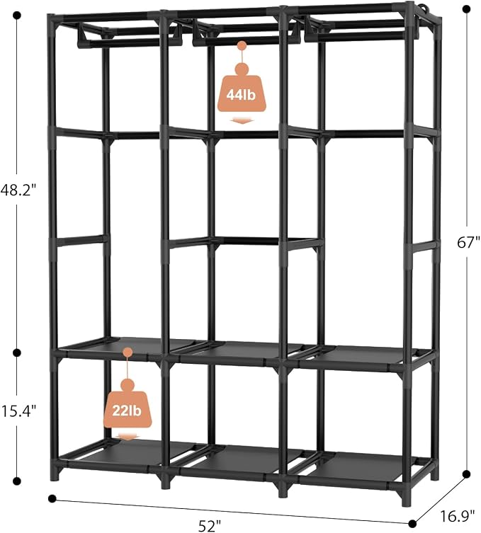 Wardrobe Closet, Portable Closets for Hanging Clothes 19mm Steel Tube Portable Wardrobe Closet for Bedroom, Clothes Rack with Cover, 3 Hanging Rod, 6 Storage Shelves and Side Pocket - Image 3
