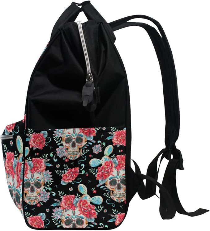 Large Capacity Baby Diaper Bag Watercolor Goth Skull Roses Durable Multi Function Travel Backpack - Image 4