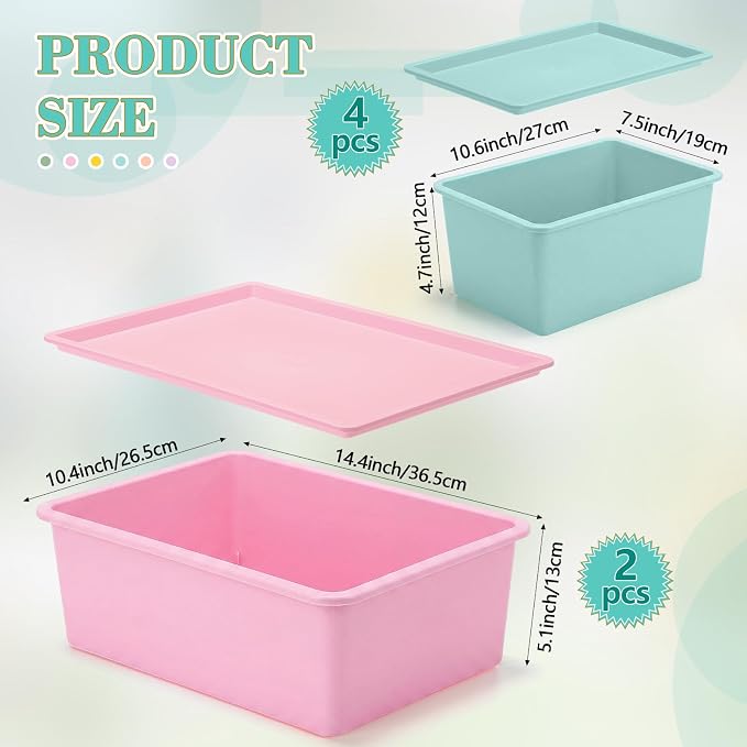6 Pcs Plastic Storage Bins with Lids, Large and Small, Macaron Color | 14.4 x 10.4 x 5.1 Inch and 10.6 x 7.5 x 4.7 Inch, Stackable Storage Container, Decorative Organizer for Shelves Closet Office - Image 2