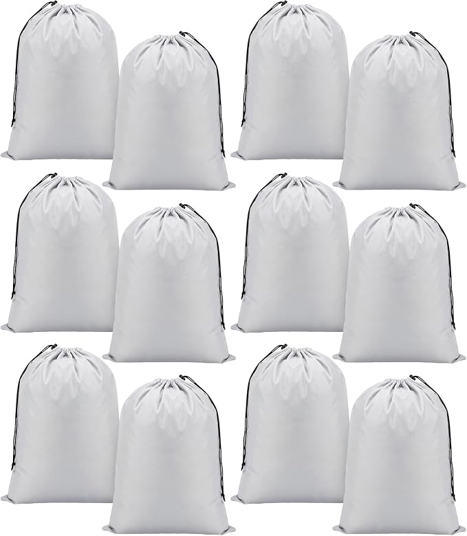 Woanger 12 Pack 28 x 45 Inch Extra Large Laundry Bags Bulk, Silver | Washable Polyester, Drawstring Closure, For Clothes and Bedding, Foldable for College Dorms, Hotels, Camping and Travel by Woanger