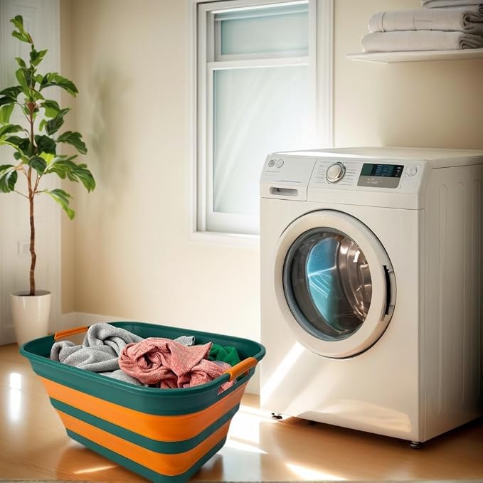 SAMMART Collapsible Plastic Laundry Basket with Handle/Foldable Pop Up Storage Hamper/Portable Laundry Organizer-Space Saving Washing Tub/Household Storage (Teal Green/Autumn leaf, 27L) - Image 6
