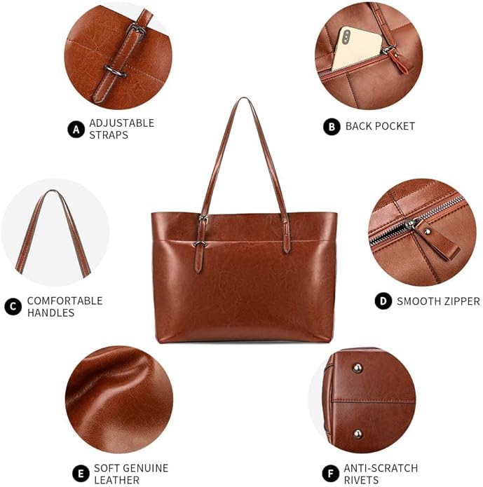 Kattee Vintage Genuine Leather Tote Shoulder Bag for Women | Genuine leather tote with adjustable straps, 7 pockets, and room for a 14-inch laptop, ideal for work and travel. - Image 5