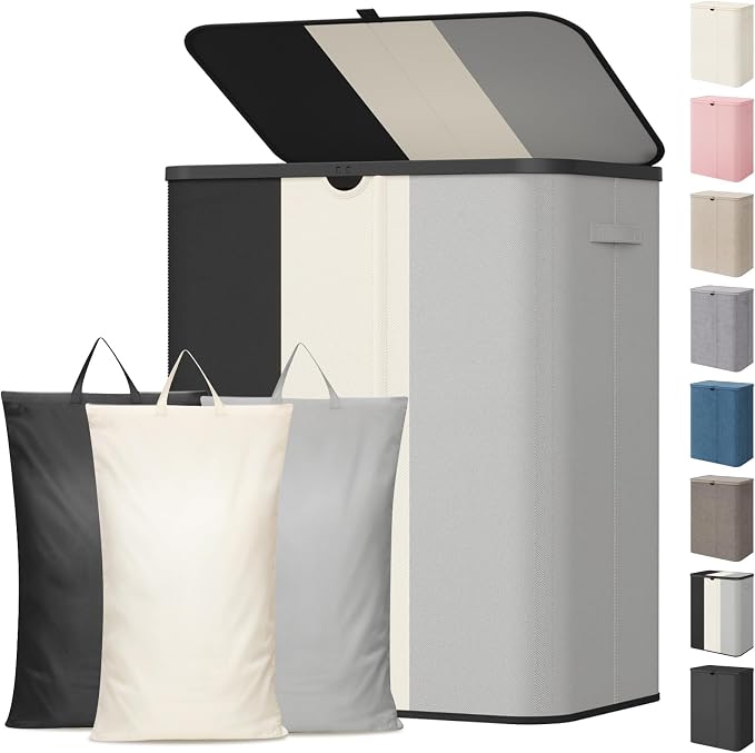 Lifewit 185L 3 Section Laundry Hamper with Lid, Black/Gray/White | Large Foldable Laundry Sorter with 3 Removable Bags, Tall Clothes Hamper for Bedroom and Bathroom by Lifewit
