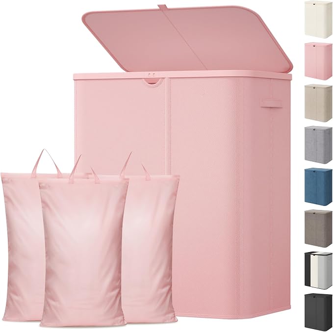 Lifewit 185L 3 Section Laundry Hamper with Lid, Laundry Basket, Pink | Large Foldable Laundry Sorter with 3 Removable Bags, Tall Clothes Hamper for Bedroom and Bathroom by Lifewit