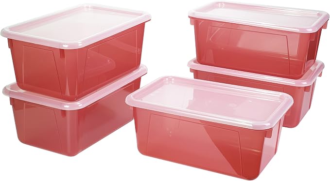 Storex Small Cubby Bins – Plastic Storage Containers for Classroom with Non-Snap Lid, 12.2 x 7.8 x 5.1 inches, Tint Red, 5-Pack (62481U05C) by Storex