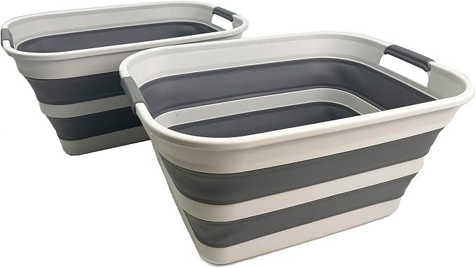 SAMMART Set of 2 Collapsible Plastic Laundry Basket - Foldable Pop Up Storage Container/Organizer - Portable Washing Tub - Space Saving Hamper/Basket (Grey/Steel Grey, 27L) - Image 2
