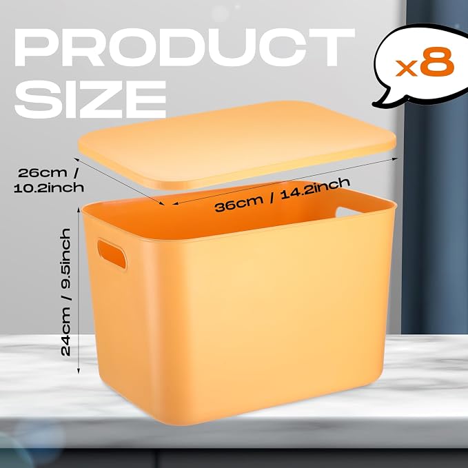 8 Pack Storage Bins, 14.2 X 10.2 X 9.5 Inch Yellow | Plastic Stackable Containers with Lid Handle, For Shelves Desktop Playroom Office, Organizing Toys Books Supplies Storage - Image 2