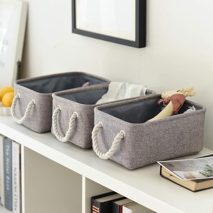 Foldable Small Storage Baskets with Strong Cotton Rope Handles [6-Pack] Gray Collapsible Storage Bins Set Works Room Storage, Nursery Baskets - Image 2