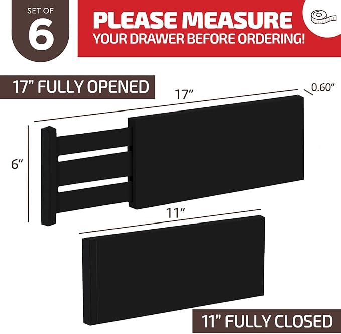 6 Pack Black Drawer Dividers - 6 Inch High for Deep Drawers, Adjustable 11.5 to 17 Inch Expandable Kitchen Drawer Organizer, Spring Loaded Dresser Separator for Clothes, Bedroom, Bathroom, Office - Image 7
