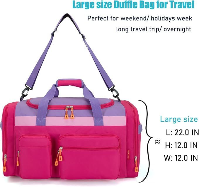 Large Kids Duffle Bag for Travel, Overnight or Weekend, R Purple | Roomy Size: 22.0"L x 12.0" H x 12.0"W, Made of Thick Polyester Fabric - Image 5