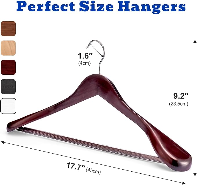 HOUSE DAY Wood Suit Hangers for Men, Wide Shoulder Wooden Hangers with Non Slip Pants Bar, Smooth Retro Finish 360° Swivel Hook Solid Wood Coat Hangers for Heavy Clothes Hanger 6 Pack (Cherry Wood) - Image 9