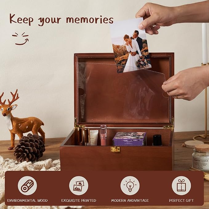 Larger Wooden Memory Keepsake Box with Hinged Lid & 8x10 Photo Frame Inside Lid – Decorative Storage Box With a Hinge Lids for Pictures, Letters & Time Capsule – Wooden Gift Box, 5.3” x 8.6” x 11.7” - Image 2
