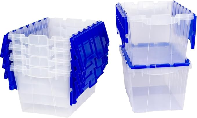 Akro-Mils KeepBox 12 Gallon Storage Container, Nesting and Stackable Plastic Storage Box with Lid Attached, Clear Tote for Garages, Closets, and Moving, 21-1/2" x 15" x 12-1/2", Clear/Blue, 6-Pack - Image 9