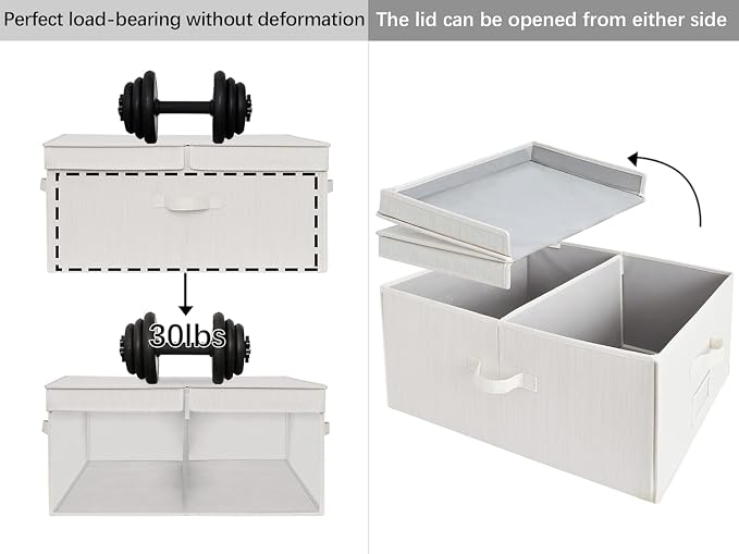 StorageWorks Extra Large Storage Bins with Lids, 55L Decorative Storage Bins with Double-Open Lid and Divider Board, Fabric Bins with Handles, Mixing of Beige, White & Ivory, 2-Pack - Image 3