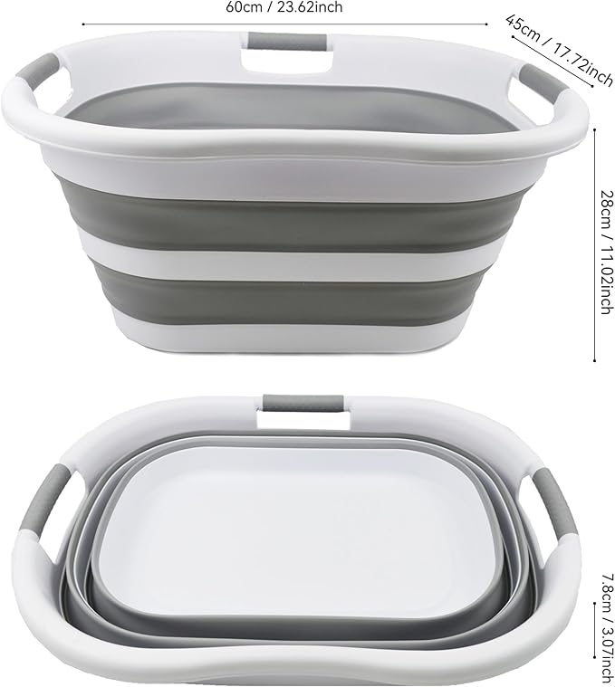 SAMMART 40L (10.5 gallon) Set of 2 Collapsible Plastic Laundry Hamper - Foldable Pop Up Storage Container/Organizer - Portable Washing Tub - Space Saving Basket (2, White/Grey) - Image 5