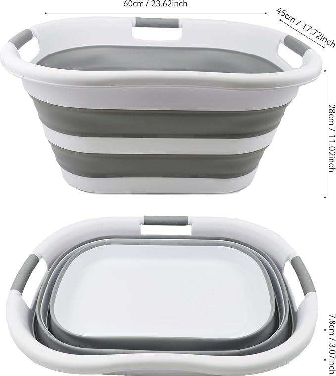 SAMMART 40L (10.5 gallon) Set of 2 Collapsible Plastic Laundry Basket - Foldable Pop Up Storage Container/Organizer - Portable Washing Tub - Space Saving Hamper/Basket (White/Grey) - Image 5