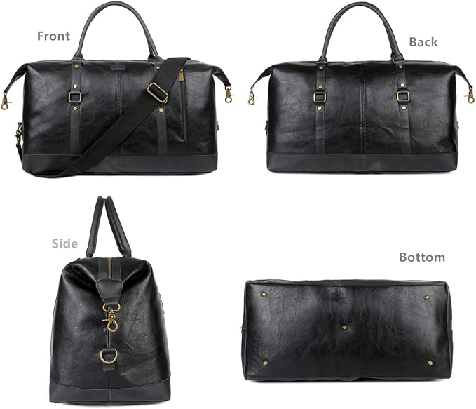 BAOSHA Faux Leather Travel Duffel Tote Bag Overnight Weekender Bag for Men and Women HB-14 (Black) - Image 2